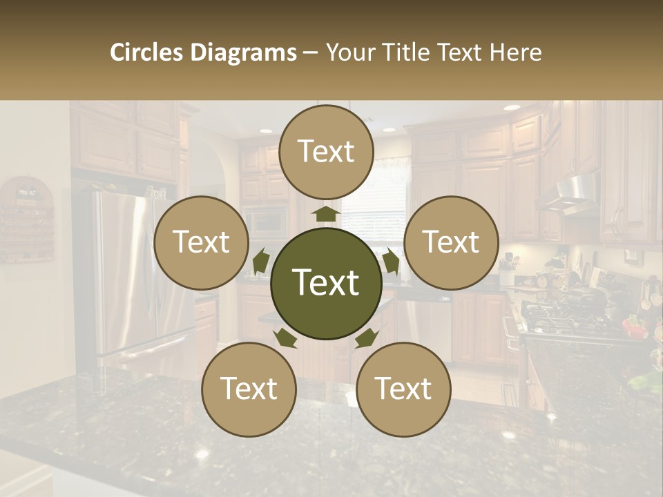 A Kitchen With Granite Counter Tops And Wooden Cabinets PowerPoint Template