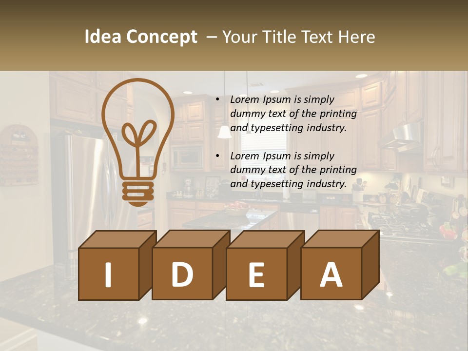 A Kitchen With Granite Counter Tops And Wooden Cabinets PowerPoint Template