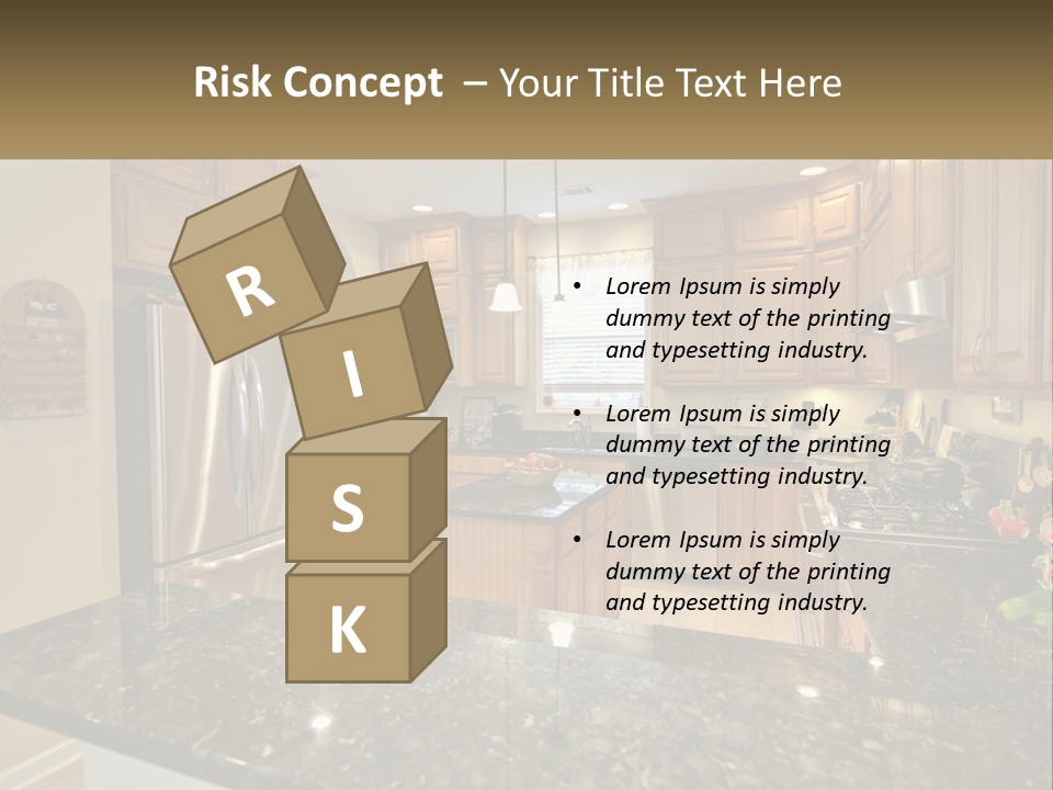 A Kitchen With Granite Counter Tops And Wooden Cabinets PowerPoint Template