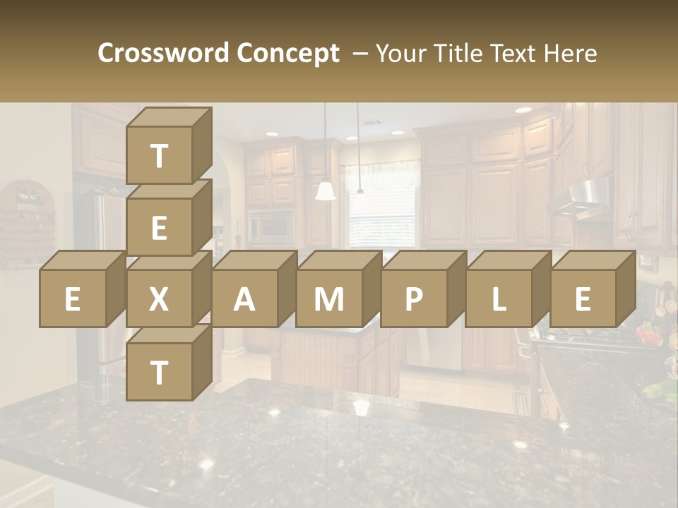 A Kitchen With Granite Counter Tops And Wooden Cabinets PowerPoint Template