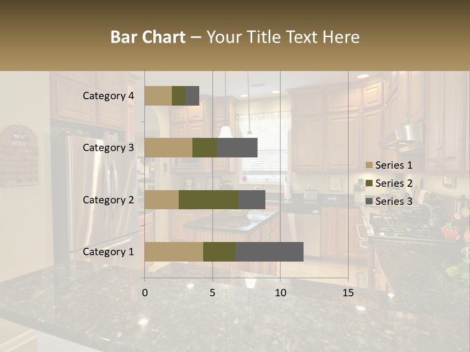 A Kitchen With Granite Counter Tops And Wooden Cabinets PowerPoint Template