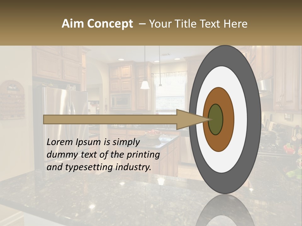 A Kitchen With Granite Counter Tops And Wooden Cabinets PowerPoint Template