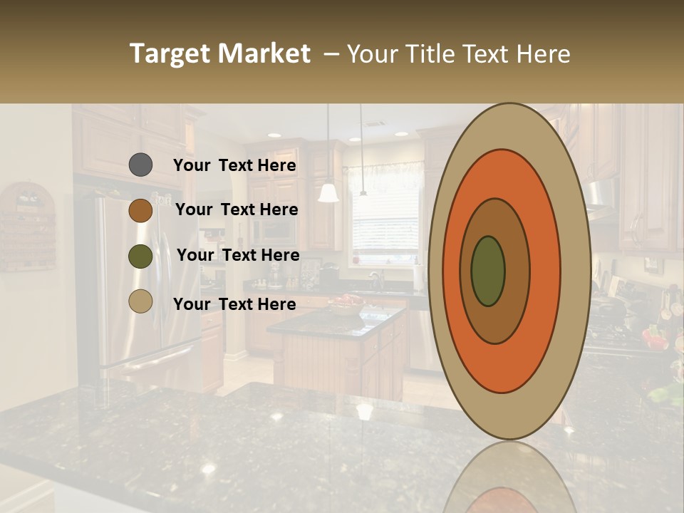 A Kitchen With Granite Counter Tops And Wooden Cabinets PowerPoint Template