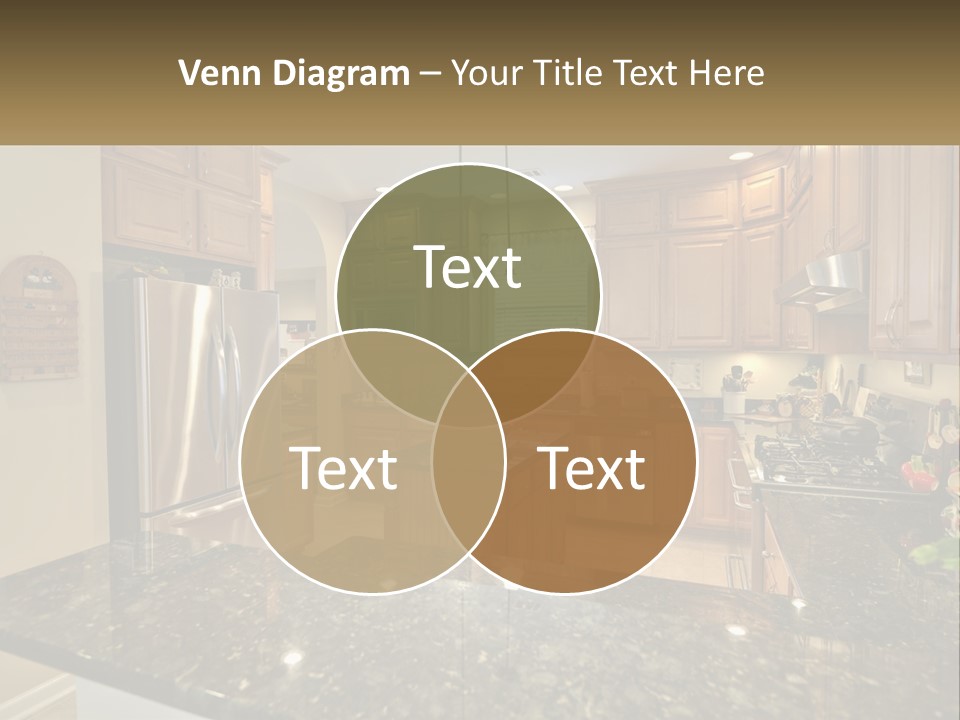 A Kitchen With Granite Counter Tops And Wooden Cabinets PowerPoint Template