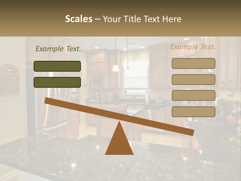 A Kitchen With Granite Counter Tops And Wooden Cabinets PowerPoint Template
