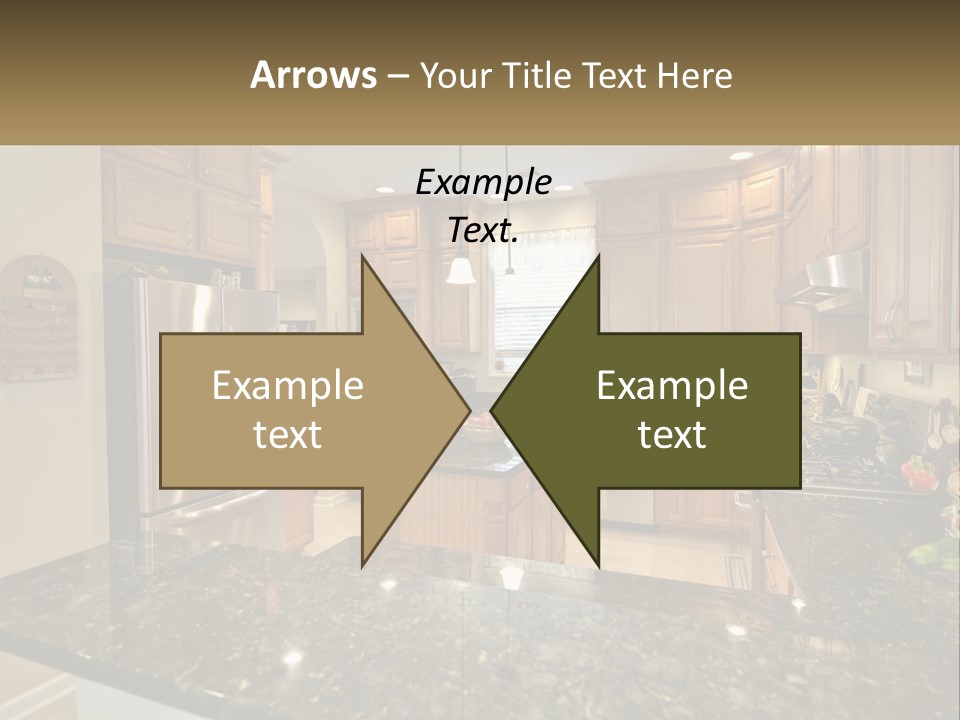 A Kitchen With Granite Counter Tops And Wooden Cabinets PowerPoint Template