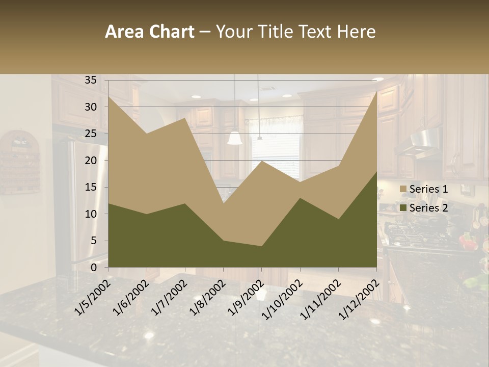 A Kitchen With Granite Counter Tops And Wooden Cabinets PowerPoint Template