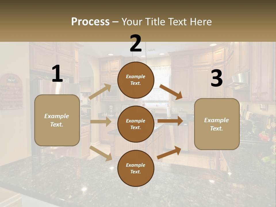 A Kitchen With Granite Counter Tops And Wooden Cabinets PowerPoint Template