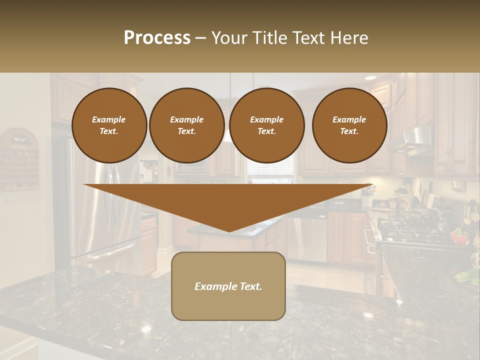 A Kitchen With Granite Counter Tops And Wooden Cabinets PowerPoint Template