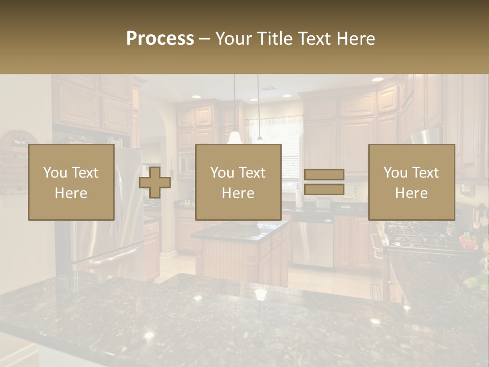 A Kitchen With Granite Counter Tops And Wooden Cabinets PowerPoint Template