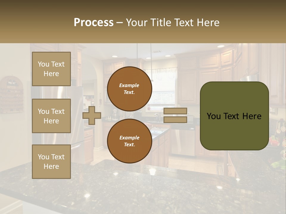 A Kitchen With Granite Counter Tops And Wooden Cabinets PowerPoint Template