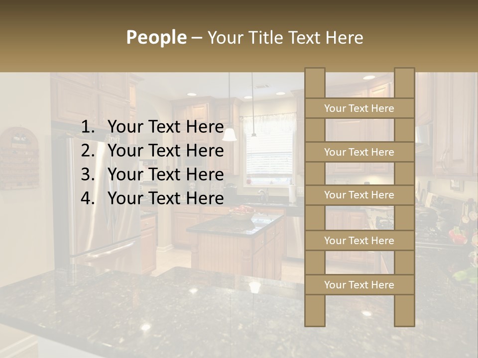 A Kitchen With Granite Counter Tops And Wooden Cabinets PowerPoint Template