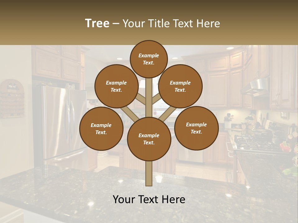 A Kitchen With Granite Counter Tops And Wooden Cabinets PowerPoint Template