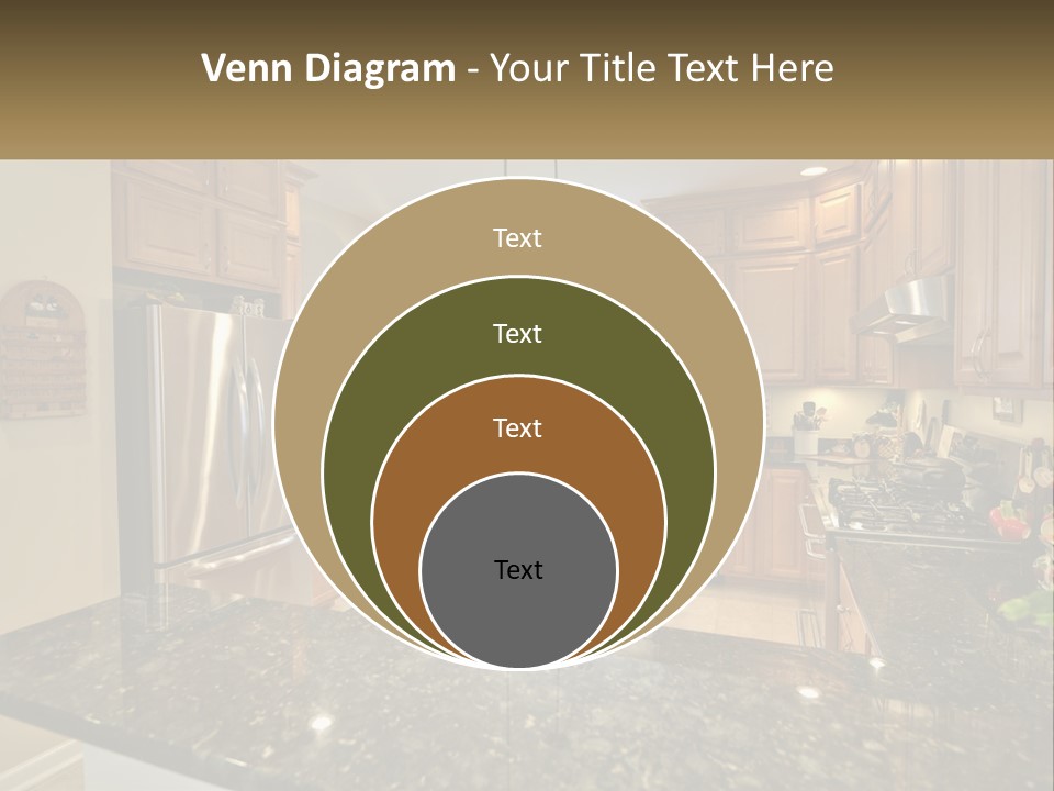 A Kitchen With Granite Counter Tops And Wooden Cabinets PowerPoint Template