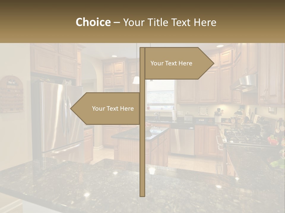 A Kitchen With Granite Counter Tops And Wooden Cabinets PowerPoint Template
