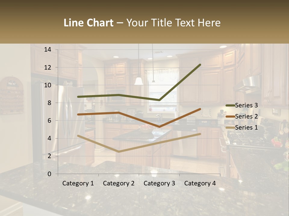 A Kitchen With Granite Counter Tops And Wooden Cabinets PowerPoint Template