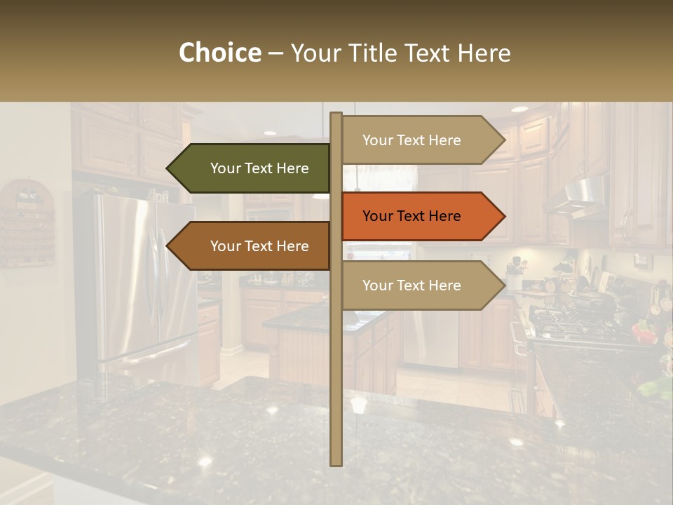 A Kitchen With Granite Counter Tops And Wooden Cabinets PowerPoint Template