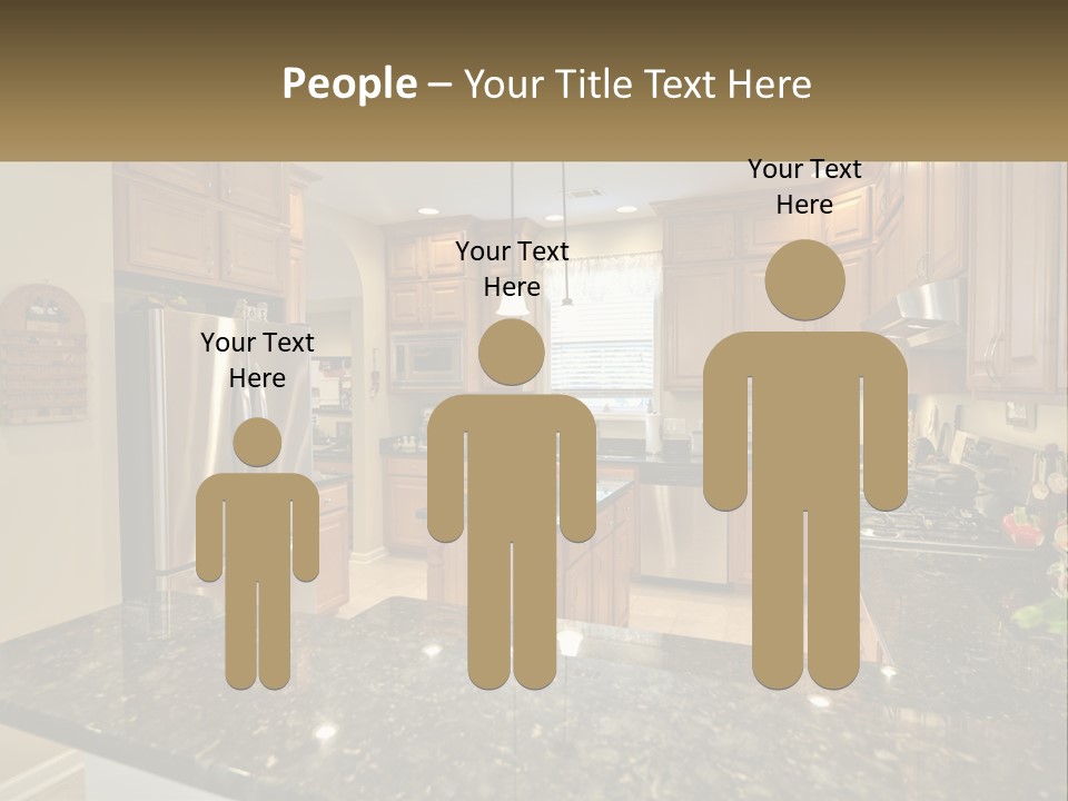 A Kitchen With Granite Counter Tops And Wooden Cabinets PowerPoint Template