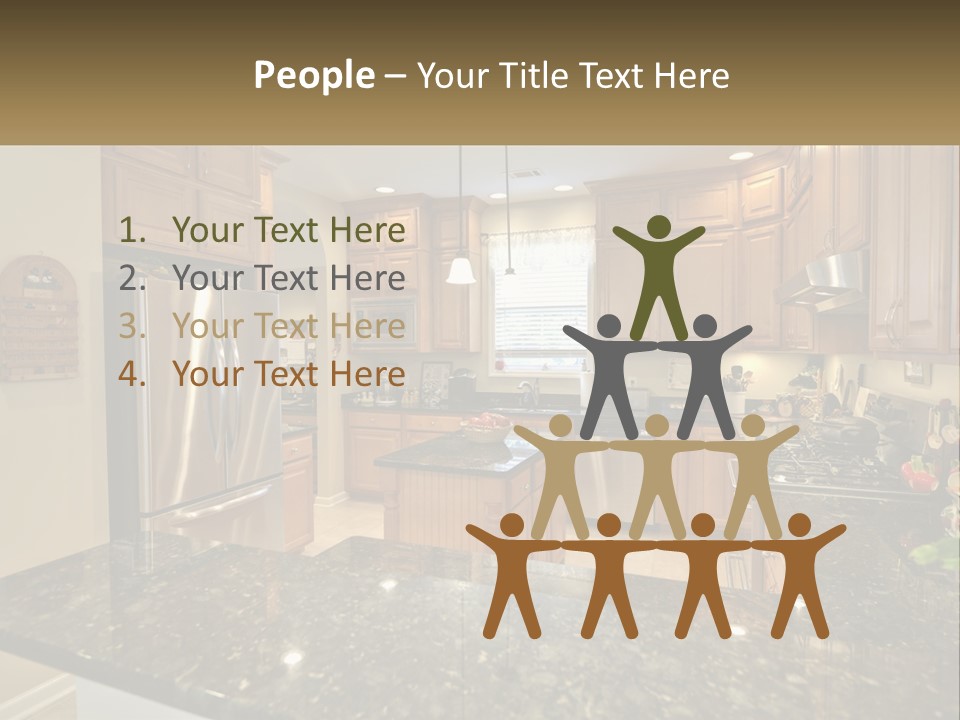 A Kitchen With Granite Counter Tops And Wooden Cabinets PowerPoint Template