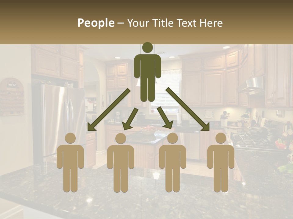 A Kitchen With Granite Counter Tops And Wooden Cabinets PowerPoint Template