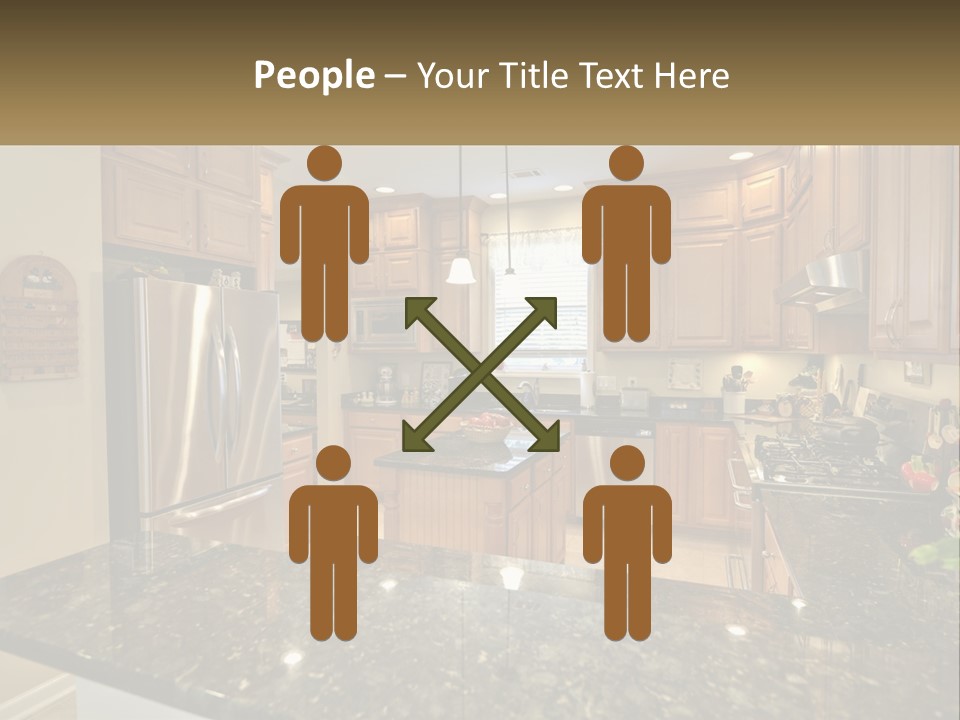 A Kitchen With Granite Counter Tops And Wooden Cabinets PowerPoint Template