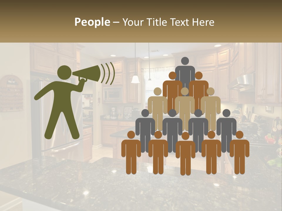 A Kitchen With Granite Counter Tops And Wooden Cabinets PowerPoint Template