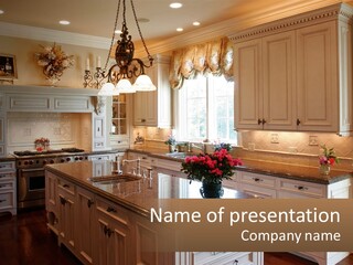 A Large Kitchen With A Center Island With A Vase Of Flowers On It PowerPoint Template