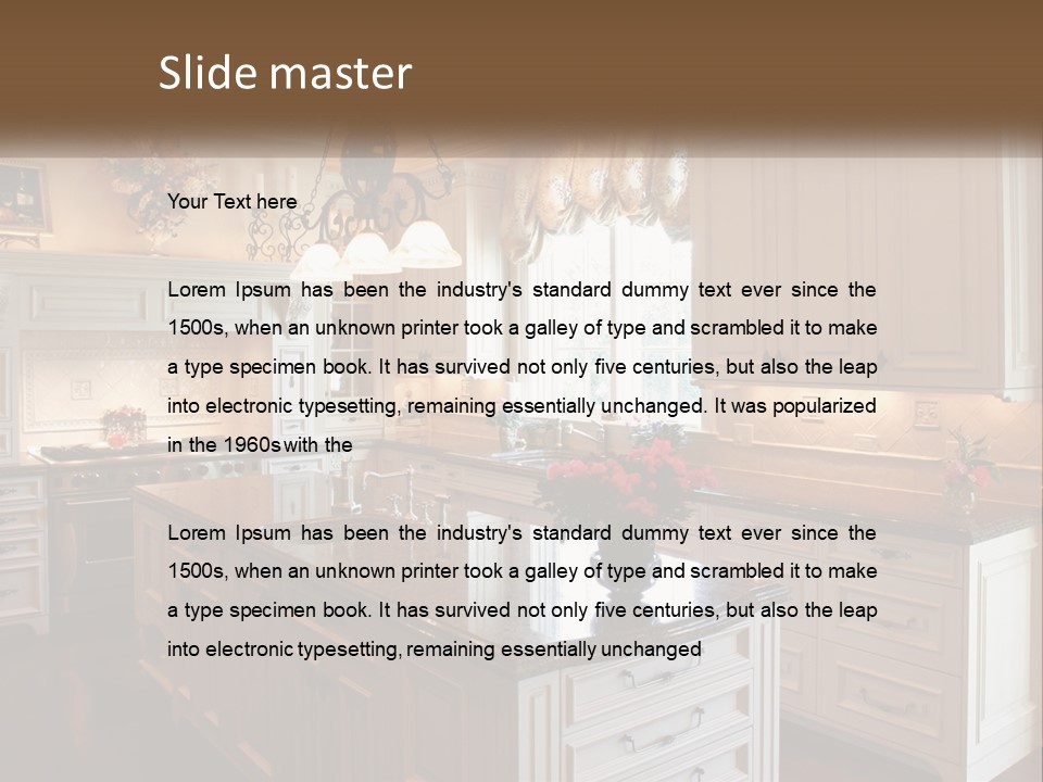 A Large Kitchen With A Center Island With A Vase Of Flowers On It PowerPoint Template