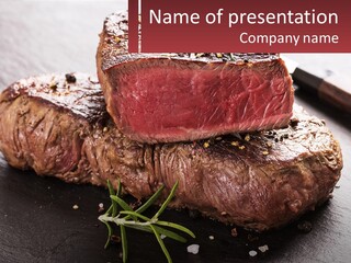 A Piece Of Steak On A Table With A Knife PowerPoint Template