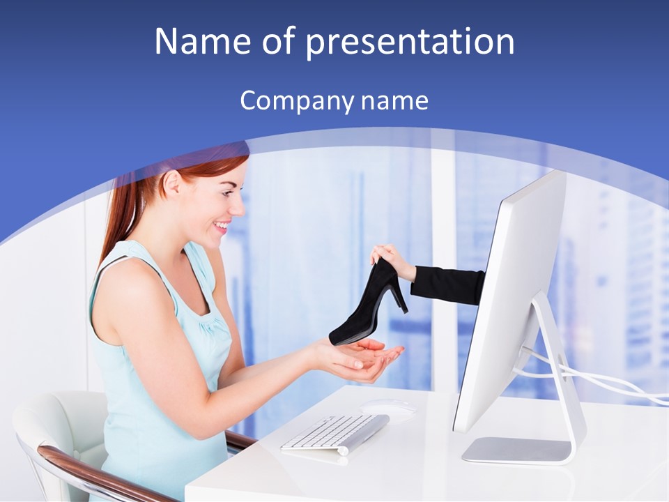 A Woman Is Putting A Shoe On A Computer Screen PowerPoint Template