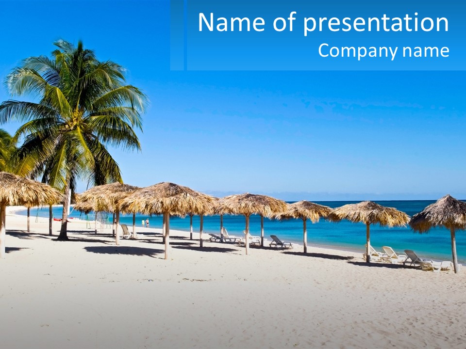 A Sandy Beach With Palm Trees And Umbrellas PowerPoint Template