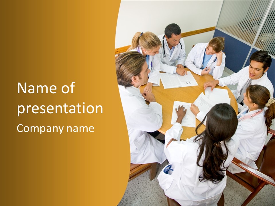 A Group Of Doctors Sitting Around A Table PowerPoint Template