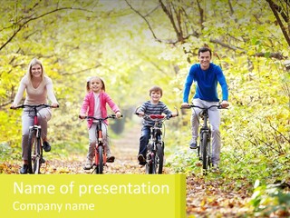 A Family Riding Bikes In The Woods On A Sunny Day PowerPoint Template