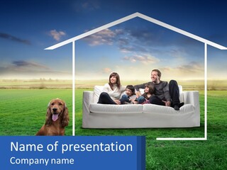 A Family Sitting On A Couch In Front Of A House PowerPoint Template