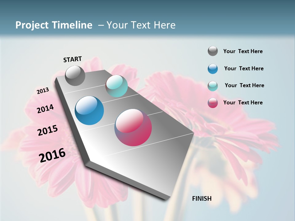 Three Pink Flowers In A Vase On A Blue Background PowerPoint Template