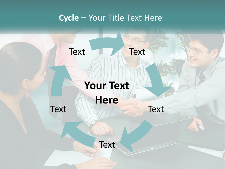 A Group Of People Sitting Around A Table Shaking Hands PowerPoint Template