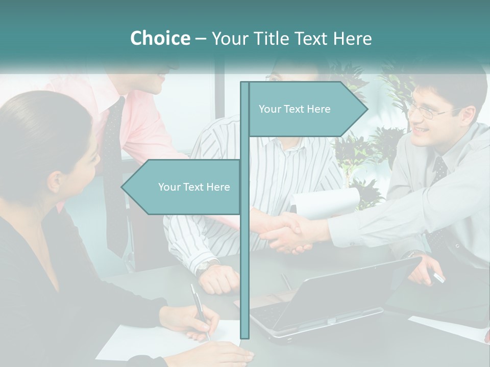 A Group Of People Sitting Around A Table Shaking Hands PowerPoint Template