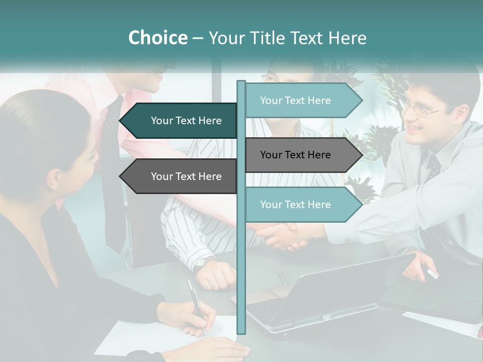 A Group Of People Sitting Around A Table Shaking Hands PowerPoint Template