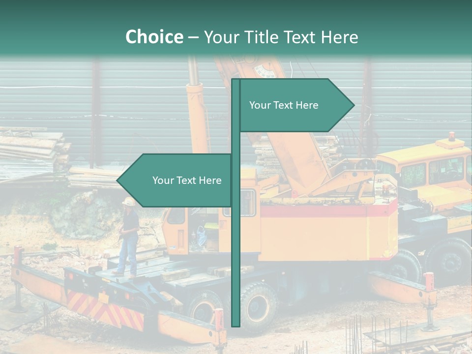 A Man Standing Next To A Yellow Crane PowerPoint Template