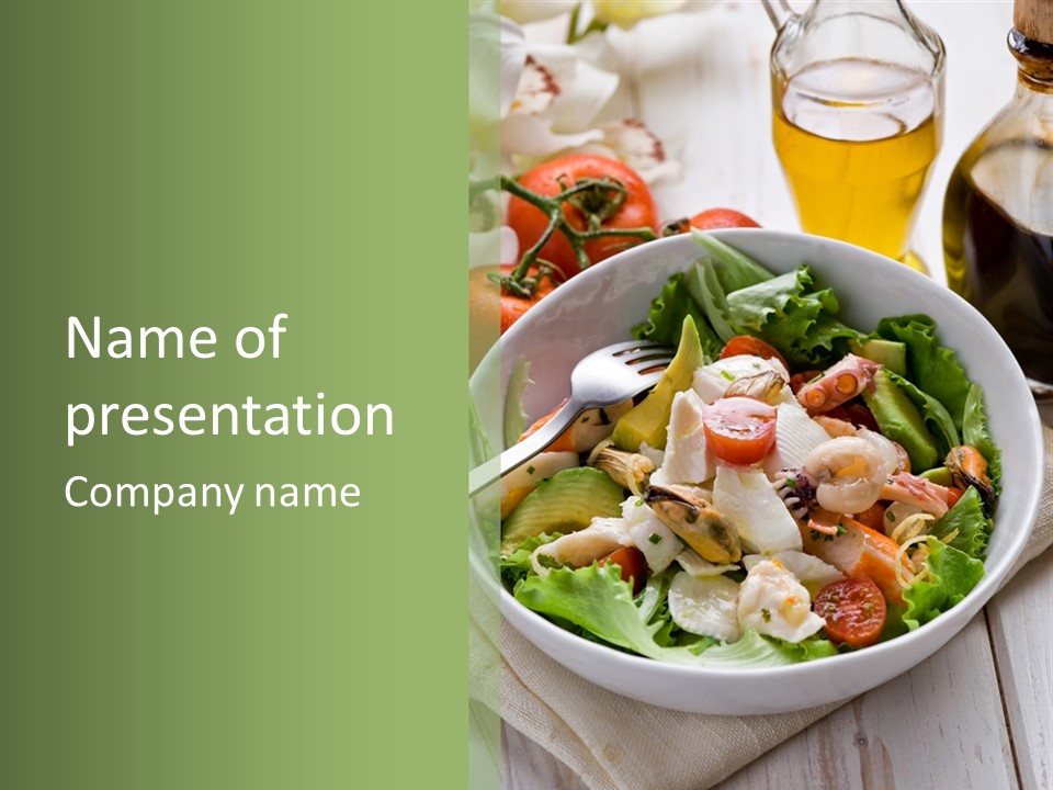 A White Bowl Filled With Salad Next To A Bottle Of Olive Oil PowerPoint Template