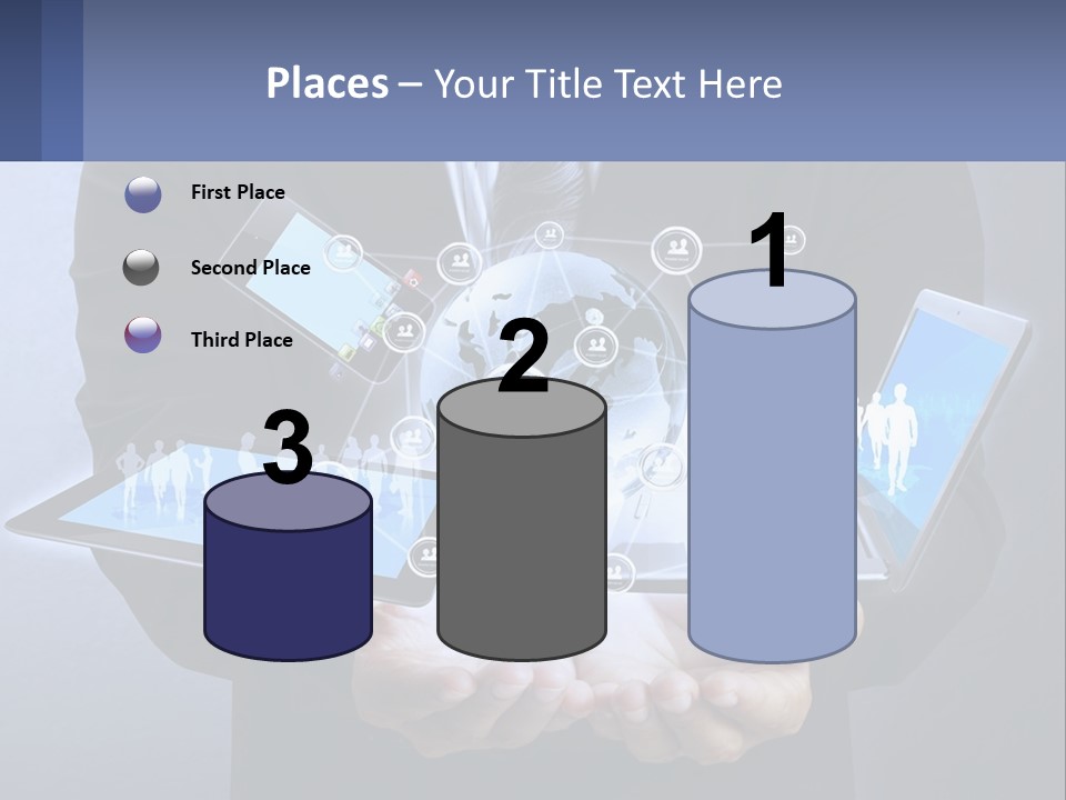 A Man In A Suit Holding A Tablet With A World Map On It PowerPoint Template