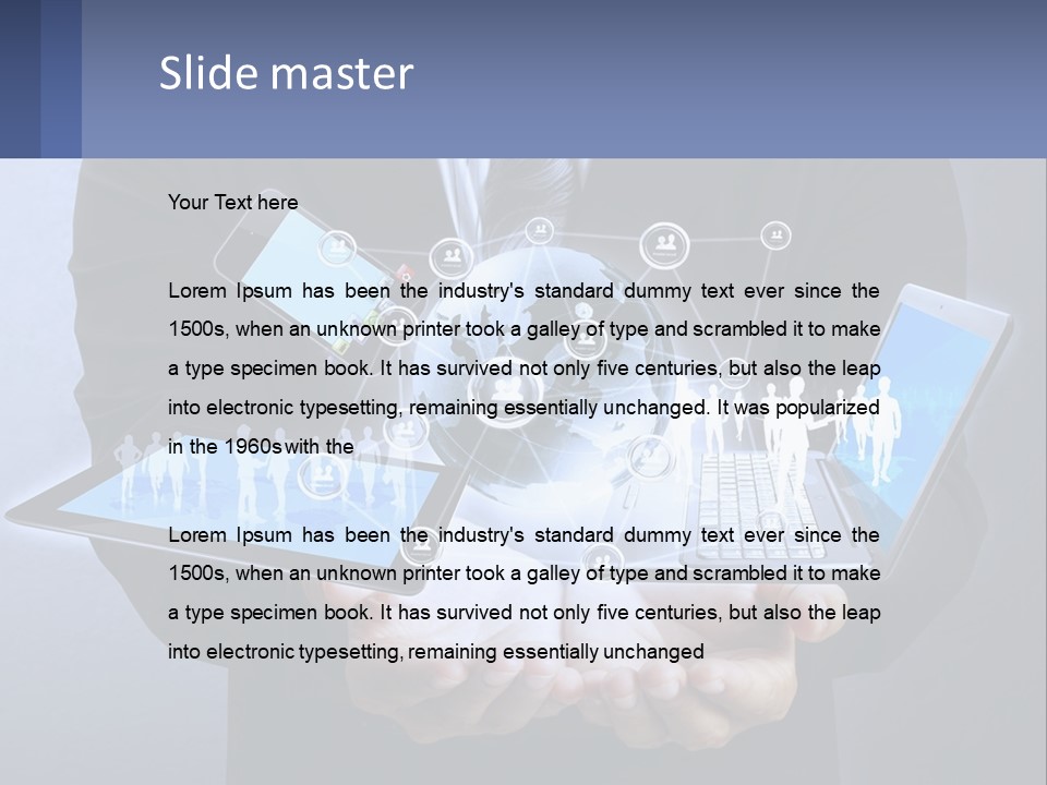 A Man In A Suit Holding A Tablet With A World Map On It PowerPoint Template