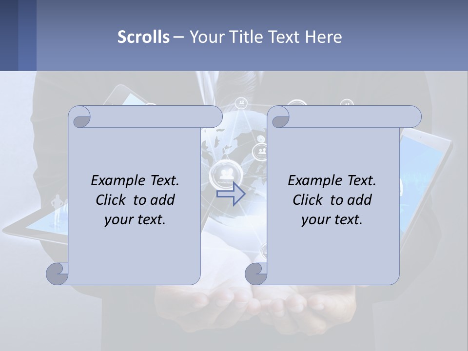 A Man In A Suit Holding A Tablet With A World Map On It PowerPoint Template