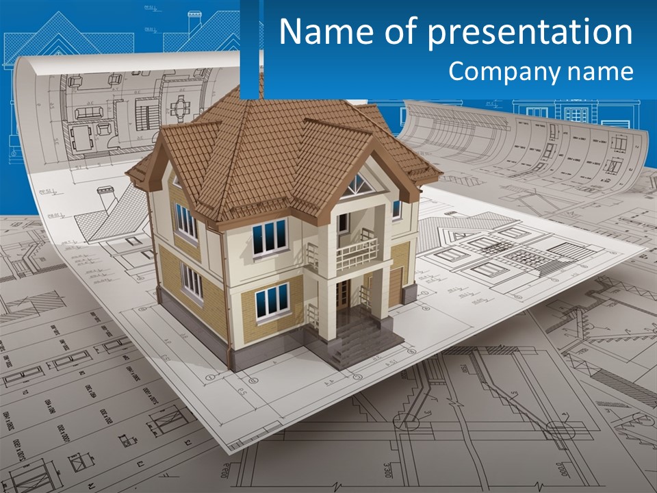A House On Top Of Blueprints With A Blue Sky In The Background PowerPoint Template