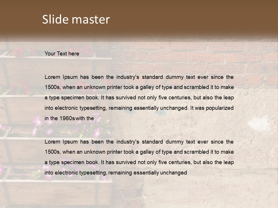 A Brick Wall With A Wooden Shelf Filled With Flowers PowerPoint Template