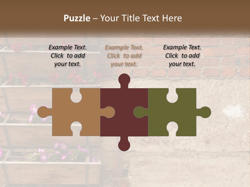 A Brick Wall With A Wooden Shelf Filled With Flowers PowerPoint Template