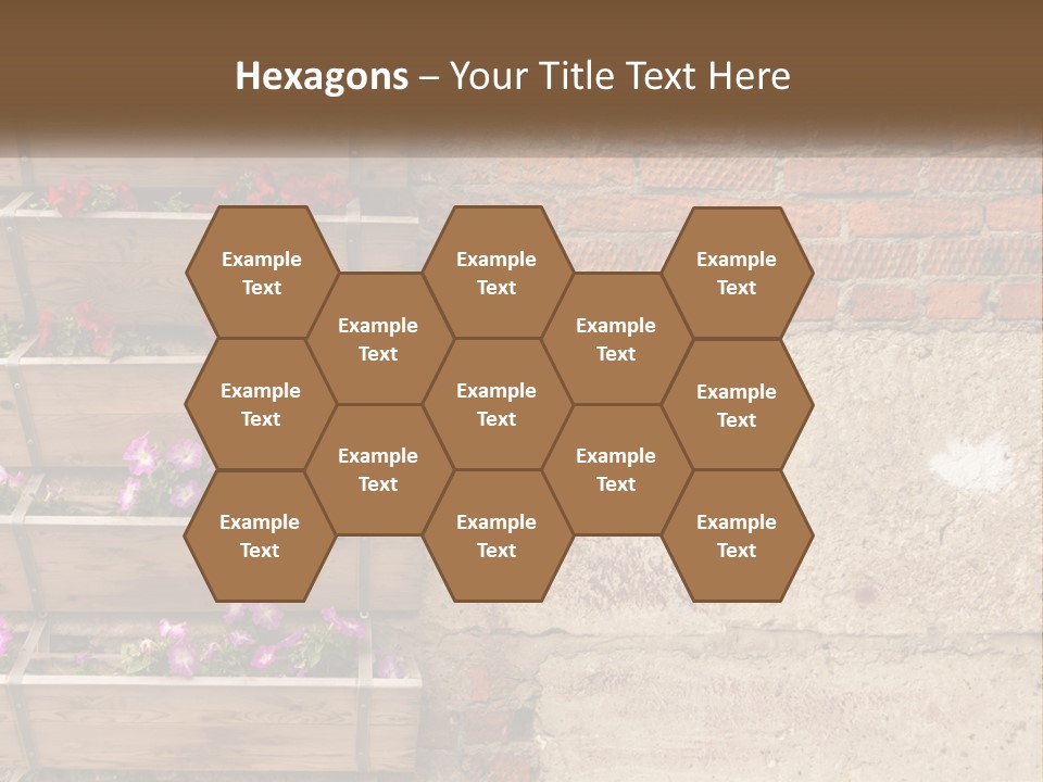 A Brick Wall With A Wooden Shelf Filled With Flowers PowerPoint Template