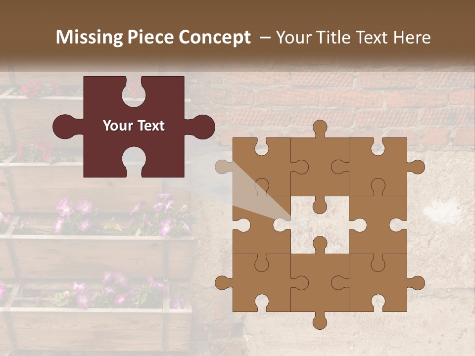 A Brick Wall With A Wooden Shelf Filled With Flowers PowerPoint Template