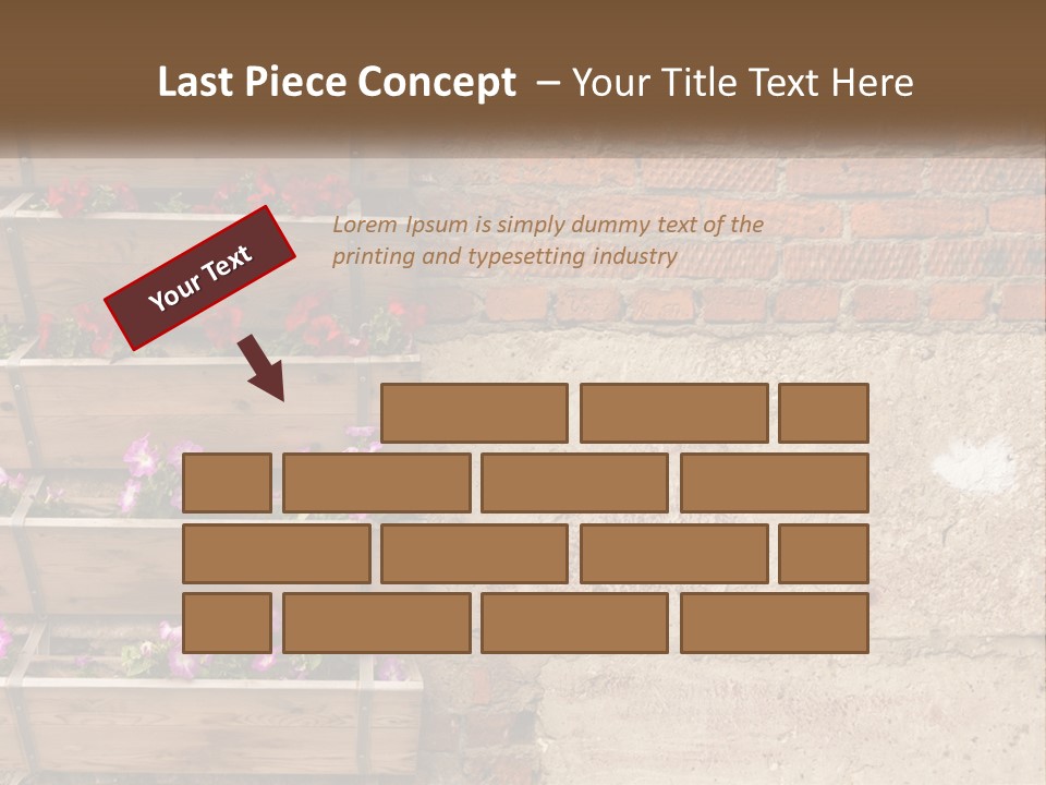 A Brick Wall With A Wooden Shelf Filled With Flowers PowerPoint Template