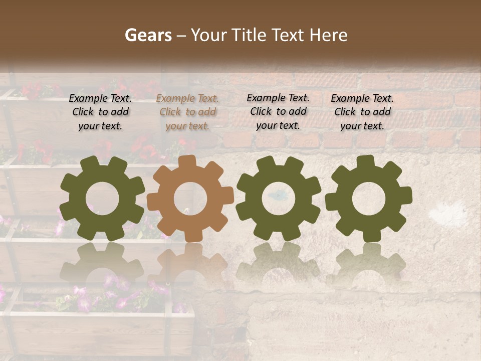 A Brick Wall With A Wooden Shelf Filled With Flowers PowerPoint Template